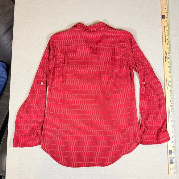 LOFT Red Geometric Print Utility Blouse Mod Inspired Long Sleeve Size S - Picture 2 of 7